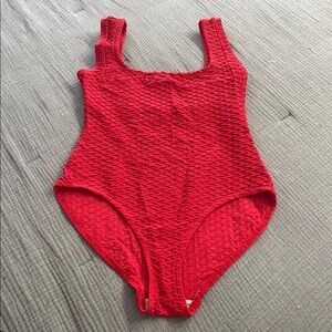 Red Textured Women Swim One Piece